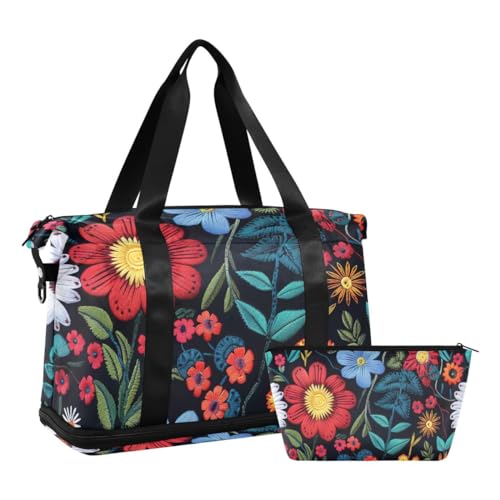 JUMBEAR Sporttasche mit schönem buntem Blumenmotiv, mit Nasstasche, Reisetasche für Damen und Herren, große Kapazität, mit Schultergurt, für Fitnessstudio, Reisen, Schwimmen, a, 48×22×39.5cm von JUMBEAR