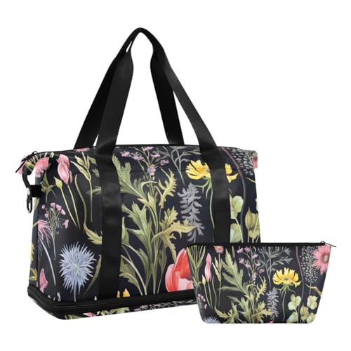 JUMBEAR Sporttasche mit schönem buntem Blumenmotiv, mit Nasstasche, Reisetasche für Damen und Herren, große Kapazität, mit Schultergurt, für Fitnessstudio, Reisen, Schwimmen, a, 48×22×39.5cm von JUMBEAR