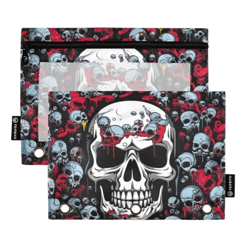 JUMBEAR Terrifying Skull Binder-Taschen für 3-Ringbuch, 2 Stück, mit Reißverschluss, Federmäppchen, Bindertaschen für Büro, Uni, Schulbedarf, Kosmetika von JUMBEAR