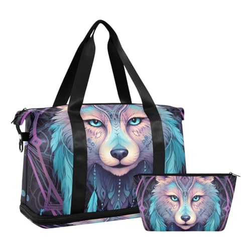 JUMBEAR Tribal Purple Wolf King Sporttasche mit Nasstasche, Reisetasche für Damen und Herren, große Kapazität, Reisetasche mit Schultergurt, für Fitnessstudio, Reisen, Schwimmen, a, 48×22×39.5cm von JUMBEAR