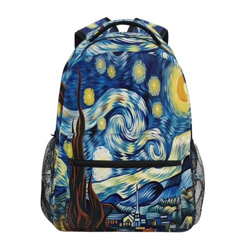 JUMBEAR Van Gogh Kinder-Rucksack, Motiv: Sternennacht, für Laptop, Reisen, Mittelschule, Studenten, Leinen, Büchertasche, leicht, Business, wasserdicht, Schultertasche, Tagesrucksack für Damen und von JUMBEAR