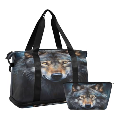 JUMBEAR Wolf Sporttasche mit Nassfach, Hochformat, Reisetasche für Damen und Herren, große Kapazität, mit Schultergurt, für Fitnessstudio, Reisen, Schwimmen, a, 48×22×39.5cm von JUMBEAR