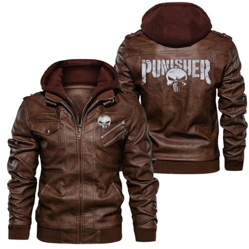 JUMBOZ Herren Jacke Winter Pun.ish-er, Herren Lederjacke mit Abnehmbarer Kapuze, Warme Gefüttert Mottoradjacke Bomberjacke-Brown||M von JUMBOZ