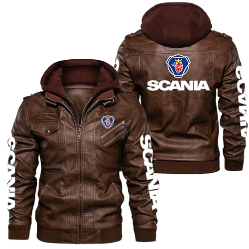 JUMBOZ Winterjacken für Herren Sc.an.ia, Abnehmbarer Kapuze Lederjacke mit Vielen Taschen, Stylisch Punk Motorradjacke Bikerjacke-Brown A||XL von JUMBOZ