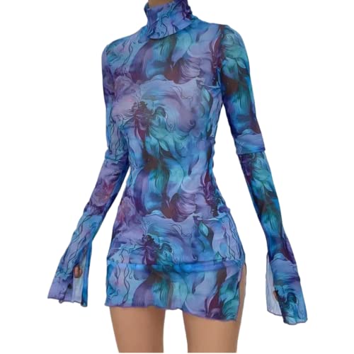 Damen Floral Tie Dye Sheer Mesh Minikleid Sexy Stehkragen Split Bodycon Ausgestellt Langarm Strand Party Kleid, Violett, Klein von JUMISEE