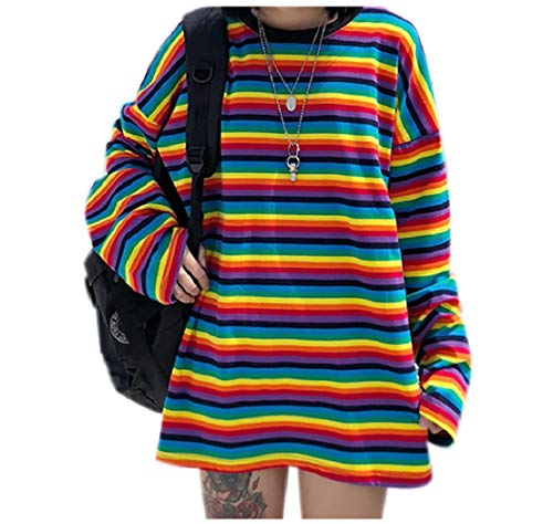 Damen Mädchen Regenbogen-T-Shirt, gestreift, Oversize, langärmelig, Pullover, Sweatshirt, Tops für legere Streetwear Festivals von JUMISEE