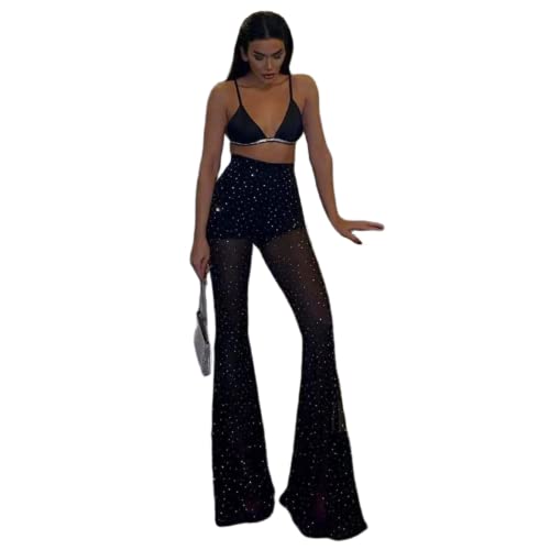 Damen Rave Mesh Sheer Pants Flared Bell Bottom Pants for Dance Festival Clubwear, Schwarz mit Unterhose und extra breiter Beinöffnung, Groß von JUMISEE