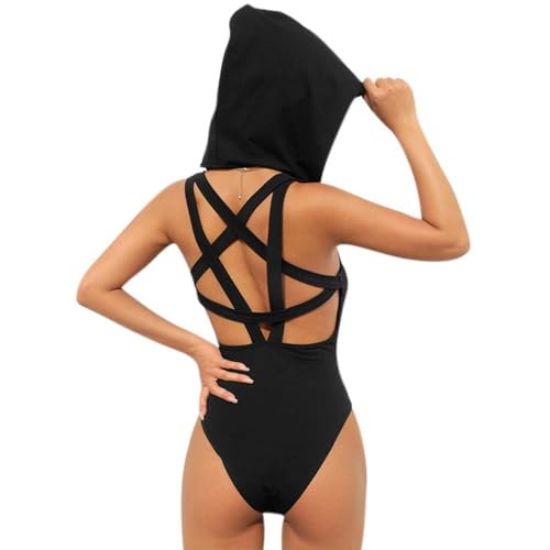 Damen Rave Pentagramm Bodysuit Jumpsuit Sexy Hoodie Festival Kleidung Strampler für Tanzparty Clubwear - Schwarz - Small von JUMISEE