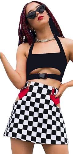 Damen Sexy Underboob Front Schnalle Crop Top Cami Rückenfrei Cutout Tank Tops für Rave Party Konzert, Schwarz, Klein von JUMISEE