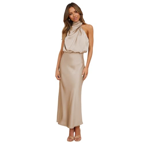 JUMISEE Ärmelloses Maxikleid für Damen, Satin, elegant, Stehkragen, Hochzeitsgästekleid, formelles Abendkleid, Cocktail-Partykleid, aprikose, Klein JUMISEE Ärmelloses Maxikleid für Damen, Satin, elegant, Stehkragen, Hochzeitsgästekleid, formelles Abendkleid, Cocktail-Partykleid, aprikose, Klein von JUMISEE