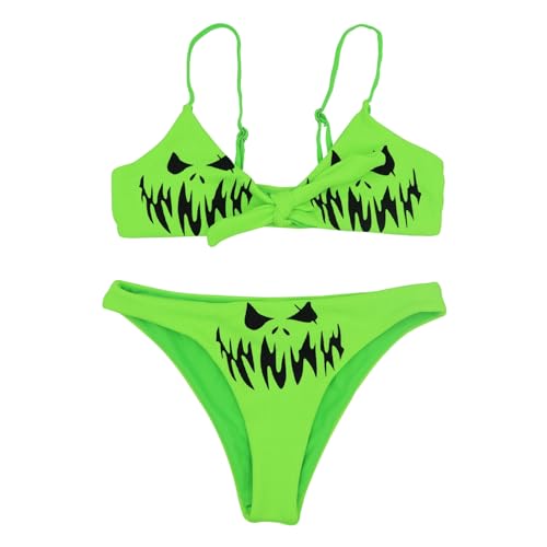 JUMISEE Damen-Bikini-Set mit Totenkopf-Buchstaben-Muster, Gothic-Bikini-Set, 2-teilig, hohe Taille, Bande, Grüner Knoten vorne, Medium von JUMISEE