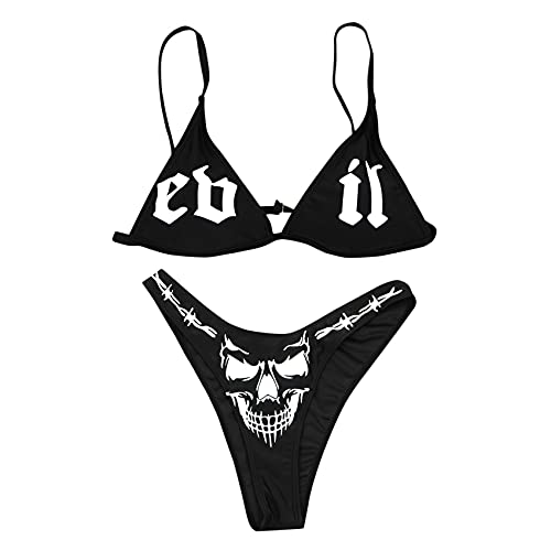 JUMISEE Damen-Bikini-Set mit Totenkopf-Buchstaben-Muster, Gothic-Bikini-Set, 2-teilig, hohe Taille, Bande, Totenkopf schwarz, Medium von JUMISEE