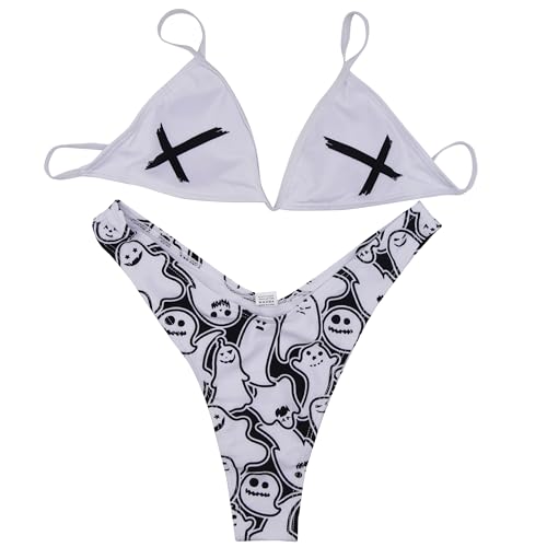 JUMISEE Damen-Bikini-Set mit Totenkopf-Buchstaben-Muster, Gothic-Bikini-Set, 2-teilig, hohe Taille, Bande, Weißer Totenkopf, S von JUMISEE