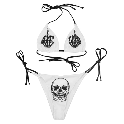 JUMISEE Damen-Bikini-Set mit Totenkopf-Buchstaben-Muster, Gothic-Bikini-Set, 2-teilig, hohe Taille, Bande, Weißes Totenkopf-Muster, Large von JUMISEE