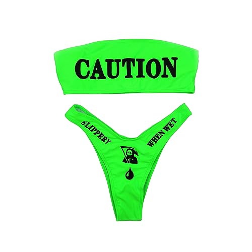 JUMISEE Damen-Bikini-Set mit Totenkopf-Buchstaben-Muster, Gothic-Bikini-Set, 2-teilig, hohe Taille, Bande, neon green, S von JUMISEE