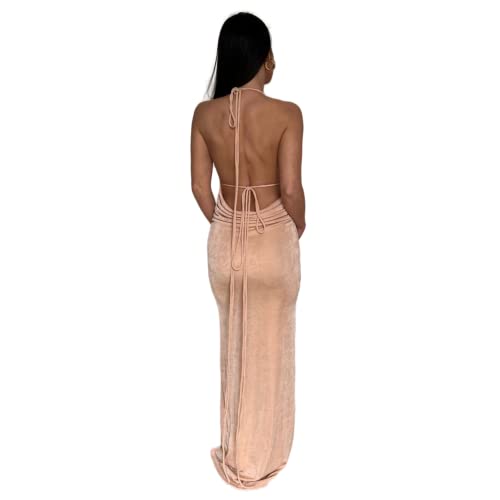 JUMISEE Damen-Maxikleid, sexy, rückenfrei, elegant, ärmellos, Spaghettiträger, Abendkleid, langes Club, Party, Strandkleid, Hautfarben, Mittel von JUMISEE