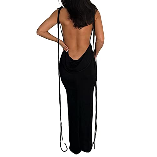 JUMISEE Damen-Maxikleid, sexy, rückenfrei, elegant, ärmellos, Spaghettiträger, Abendkleid, langes Club, Party, Strandkleid, Schwarz, Klein von JUMISEE