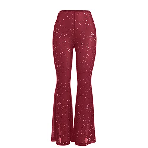 JUMISEE Damen Rave Mesh Sheer Pants Flared Bell Bottom Hose für Tanzfestival Clubwear, Rot/Ausflug, einfarbig (Getaway Solids), X-Klein von JUMISEE