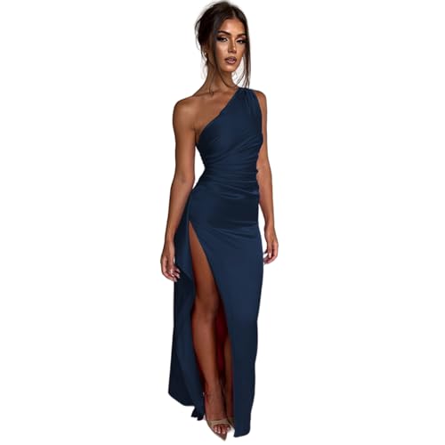 JUMISEE Damen Sexy Satin One Shoulder Maxikleid Elegant Rüschen High Split Abendkleid Cocktail Party Kleid, Dunkelblau, Groß von JUMISEE