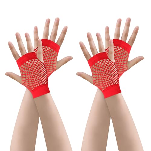 JUNART 2 Paar Mesh-Handschuhe Damen Kurze hochelastische fingerlose Handschuhe für Kostüme Zubehör für Halloween Cosplay Retro Party(rot) von JUNART