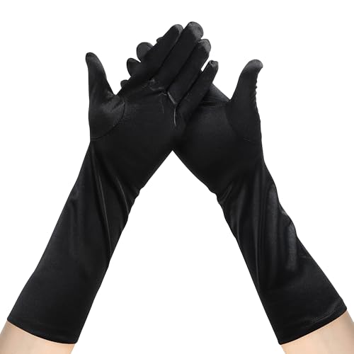 JUNART Lange Satin Handschuhe 15,3" Frauen Unterarm Länge Handschuhe Weiche und Atmungsaktive Handschuhe für Hochzeit Halloween Party Oper 20er Jahre Accessoires(Schwarz) von JUNART
