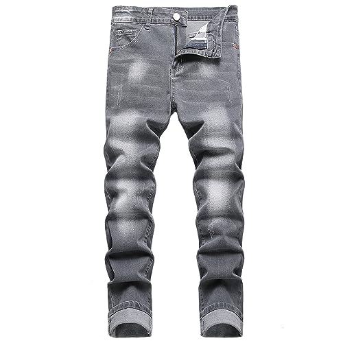 Herren Slim Fit Stretch Jeans Ripped Skinny Jeans für Männer, Mode Straight Leg Comfort Flex Taille Cargo Denim Pants, B#grau, 48 von JUNBAOSS