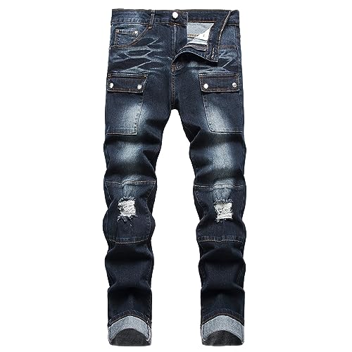 Herren Slim Fit Stretch Jeans Zerrissene Skinny Jeans für Männer, Mode Straight Leg Comfort Flex Waist Cargo Denim Pants, B#dunkelblau, 56 von JUNBAOSS