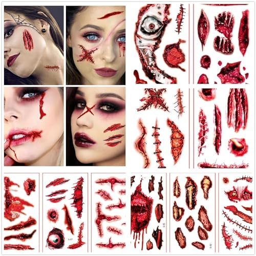 10 Sheets Halloween Tattoos, Halloween Schminke Set, Halloween Narben Tattoo, Temporäre Tattoos, Wunden Tattoo Aufkleber,Tattoos Horror Ritzen Halloweendeko für Halloween Cosplay Thema Party 10 Sheets Halloween Tattoos, Halloween Schminke Set, Halloween Narben Tattoo, Temporäre Tattoos, Wunden Tattoo Aufkleber,Tattoos Horror Ritzen Halloweendeko für Halloween Cosplay Thema Party von JUNBAOYYDS
