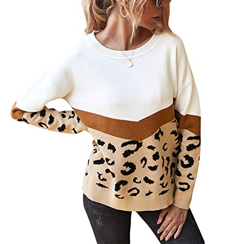 JUNBOON Damen Casual Leopard Print Strickpullover Pulli Pullover Langarm Rundhals Pullover Tops - Braun - Groß von JUNBOON