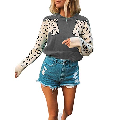 JUNBOON Damen Casual Leopard Print Strickpullover Pulli Pullover Langarm Rundhals Pullover Tops - Grau - Klein von JUNBOON