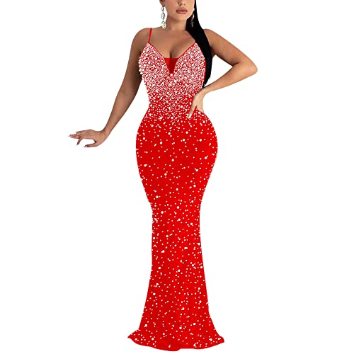 JUNBOON Damen Sexy Spaghettiträger V-Ausschnitt Strass verziert Bodycon Midi-Glitzerkleid, B8-rot, Mittel von JUNBOON