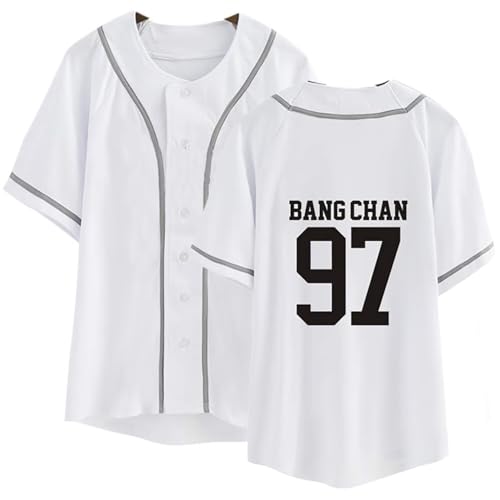 SKZ Baseball-Trikot Skz Felix Bangchan Hyunjin Lee Know Button Down Kurzarm T-Shirt für Damen, Bangchan 97 Weiß, Klein von JUNG KOOK