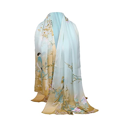 JUNGEN Blumen und Vögel Illustration Schals Klassischer Stil Schal Stola Damen Chiffon Wraps Kopftuch, Grün von JUNGEN