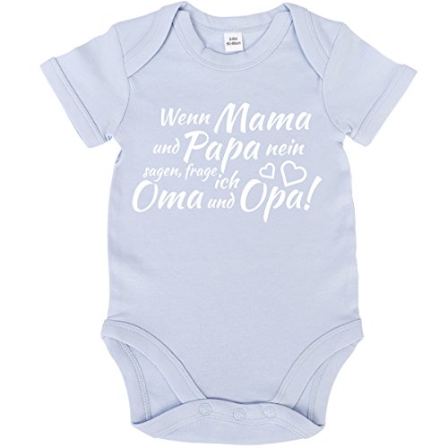 JUNIWORDS Babybody Kurzarm - 100% Baumwolle - Wähle Motiv, Farbe & Größe - "Wenn Mama und Papa nein sagen frage ich Oma und Opa" - Hellblau - Größe: 60-66 cm von JUNIWORDS