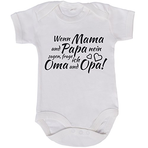 JUNIWORDS Babybody Kurzarm - 100% Baumwolle - Wähle Motiv, Farbe & Größe - "Wenn Mama und Papa nein sagen frage ich Oma und Opa" - Weiß - Größe: 66-76 cm von JUNIWORDS