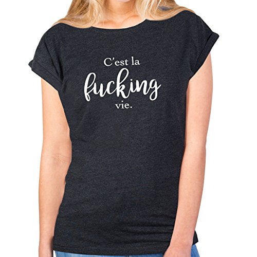 JUNIWORDS Damen T-Shirt Rolled up Sleeves - C'est la Fucking Vie. - Wähle Größe & Farbe - Größe: M - Farbe: Anthrazit JUNIWORDS Damen T-Shirt Rolled up Sleeves - C'est la Fucking Vie. - Wähle Größe & Farbe - Größe: M - Farbe: Anthrazit von JUNIWORDS