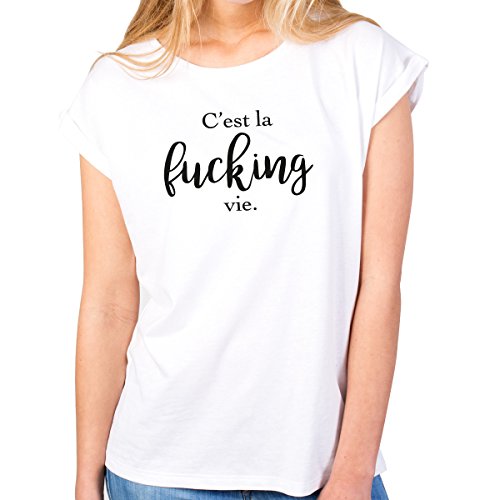 JUNIWORDS Damen T-Shirt Rolled up Sleeves - C'est la Fucking Vie. - Wähle Größe & Farbe - Größe: M - Farbe: Weiß JUNIWORDS Damen T-Shirt Rolled up Sleeves - C'est la Fucking Vie. - Wähle Größe & Farbe - Größe: M - Farbe: Weiß von JUNIWORDS