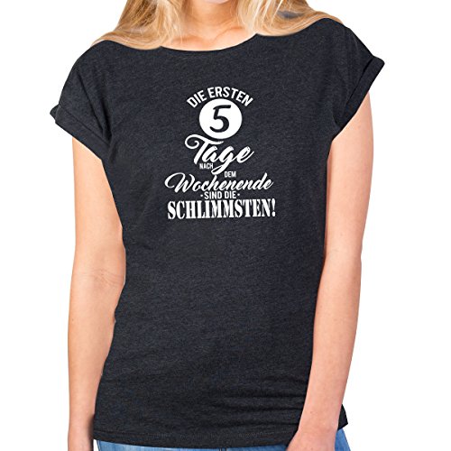JUNIWORDS Damen T-Shirt Rolled up Sleeves - Die ersten 5 Tage nach dem Wochenende sind die Schlimmsten! - Wähle Größe & Farbe - Größe: M - Farbe: Anthrazit JUNIWORDS Damen T-Shirt Rolled up Sleeves - Die ersten 5 Tage nach dem Wochenende sind die Schlimmsten! - Wähle Größe & Farbe - Größe: M - Farbe: Anthrazit von JUNIWORDS