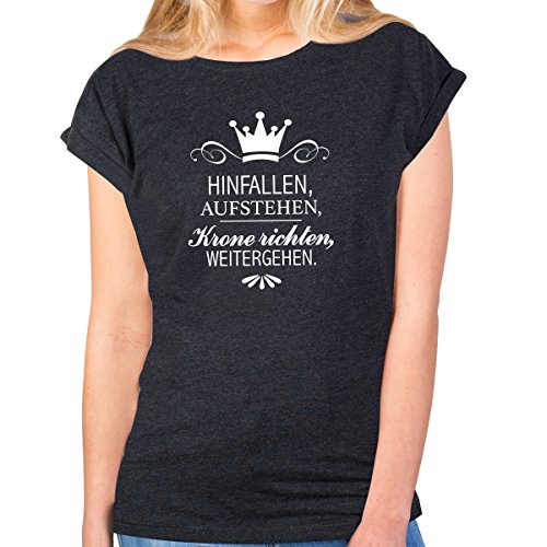 JUNIWORDS Damen T-Shirt Rolled up Sleeves - Hinfallen, Aufstehen, Krone richten, weitergehen. - Wähle Größe & Farbe - Größe: XS - Farbe: Anthrazit von JUNIWORDS