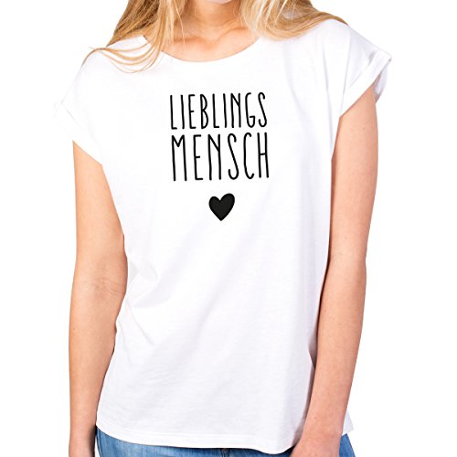 JUNIWORDS Damen T-Shirt Rolled up Sleeves - Lieblingsmensch <3" - Wähle Größe & Farbe - Größe: M - Farbe: Weiß von JUNIWORDS