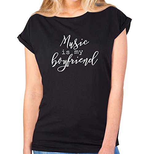 JUNIWORDS Damen T-Shirt Rolled up Sleeves - Music is My Boyfriend - Wähle Größe & Farbe - Größe: L - Farbe: Schwarz von JUNIWORDS