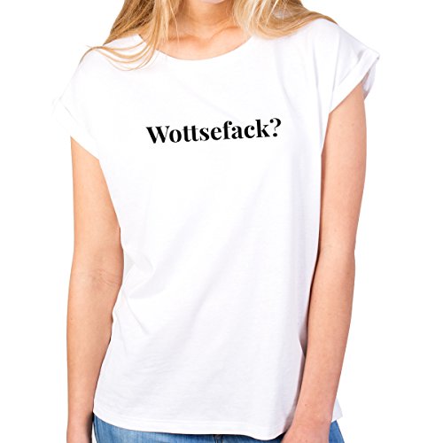 JUNIWORDS Damen T-Shirt Rolled up Sleeves - Wottsefack? - Wähle Größe & Farbe - Größe: S - Farbe: Weiß von JUNIWORDS