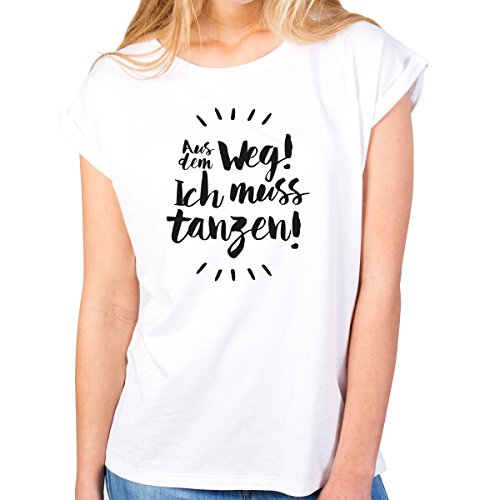 JUNIWORDS Damen T-Shirt Rolled up Sleeves - Aus dem Weg! Ich muss tanzen! - Wähle Größe & Farbe - Größe: XS - Farbe: Weiß JUNIWORDS Damen T-Shirt Rolled up Sleeves - Aus dem Weg! Ich muss tanzen! - Wähle Größe & Farbe - Größe: XS - Farbe: Weiß von JUNIWORDS