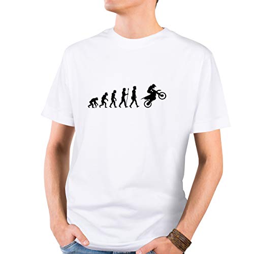 JUNIWORDS Herren T-Shirt mit rundem Ausschnitt - Evolution Crossmaschine - Wähle Größe & Farbe - Größe: L - Farbe: Weiß von JUNIWORDS