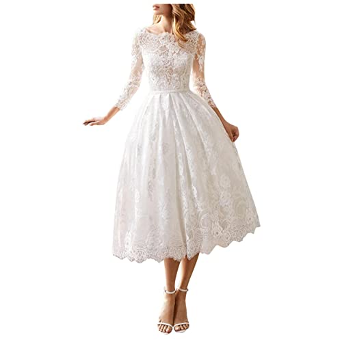 Damen Elegant Spitzenkleid Hochzeitskleid Midi Abendkleid A-Linie Cocktail Party Kleider Hochzeit Maskerade Festkleid Knielang Ballkleider Langarm Rundhals Abendkleid Brautjungfernkleider von JUNJZ