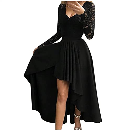 JUNJZ Damen Spitzen Abendkleid V-Ausschnitt Maxi Spitzenkleid Vokuhila Cocktail Kleid Elegant Partykleid Langarm Festkleid Hochzeit Party Ballkleid, A-schwarz, S von JUNJZ