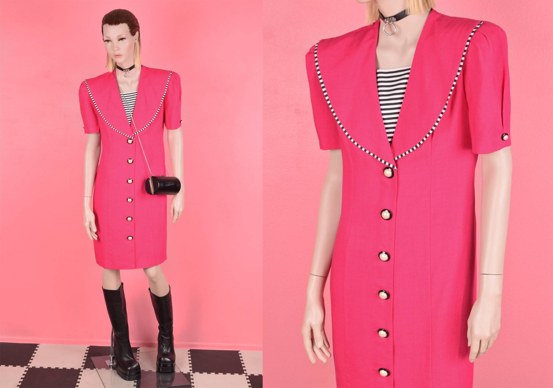 80Er Pink, Schwarz Und Weiß Button Down Kleid/ Us 6/ 1980Er von JUNKKYARD