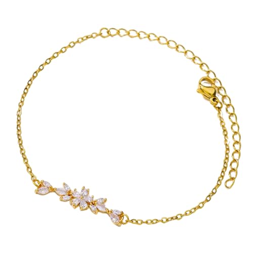 JUNNASALIKER Handgefertigtes Zirkonia Armband Funkelnde Goldtonarmband Mit Zarten Zirkonia Blumenakzent Für Datenpartys von JUNNASALIKER