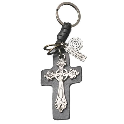 JUNNASALIKER Mode Punkstile PU Leder Schlüsselhalter Religiöser Kruzifix Anhänger Key Rings Accessoire Einzigartige Geschenk Für Frauen Männer von JUNNASALIKER