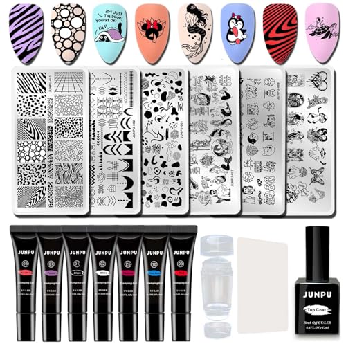 Nagelstempel Schablone Stamping Gel Set,French Nail Art Plates und French Nails Stempel mit Schaber Nail Stamping Kit Tier Geometrie Streifen Nagelstempel Set Nageldesign von JUNPU